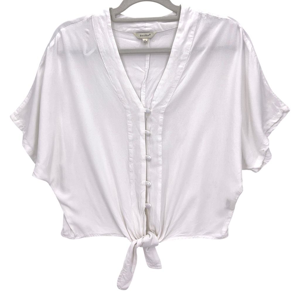 Sim & Sam White Button Front Tie Hem Top S Short Sleeve Dolman V-Neck Rayon